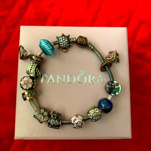 Pandora Barrel Clasp Snake Chain Bracelet with 13 Various Charms